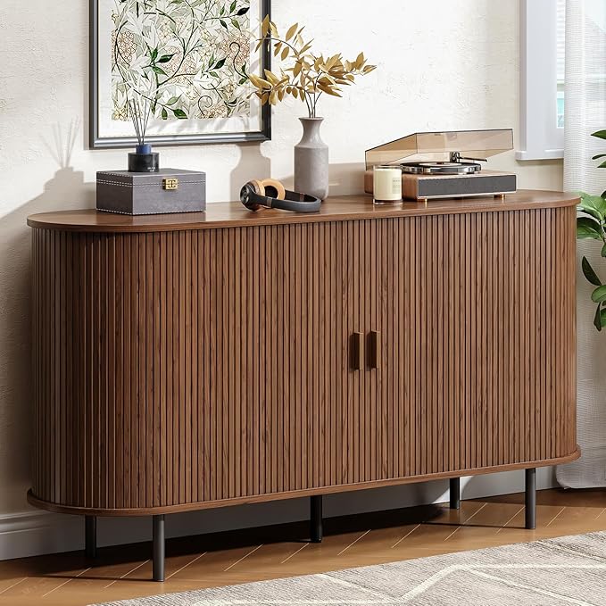 Buffet Cabinet with Storage, 55" Fluted Sideboard Buffet with Sliding Door, Coffee Bar Cabinet with Adjustable Shelf, Console Table, Accent Table for Entryway, Kitchen, Dining Room, Walnut