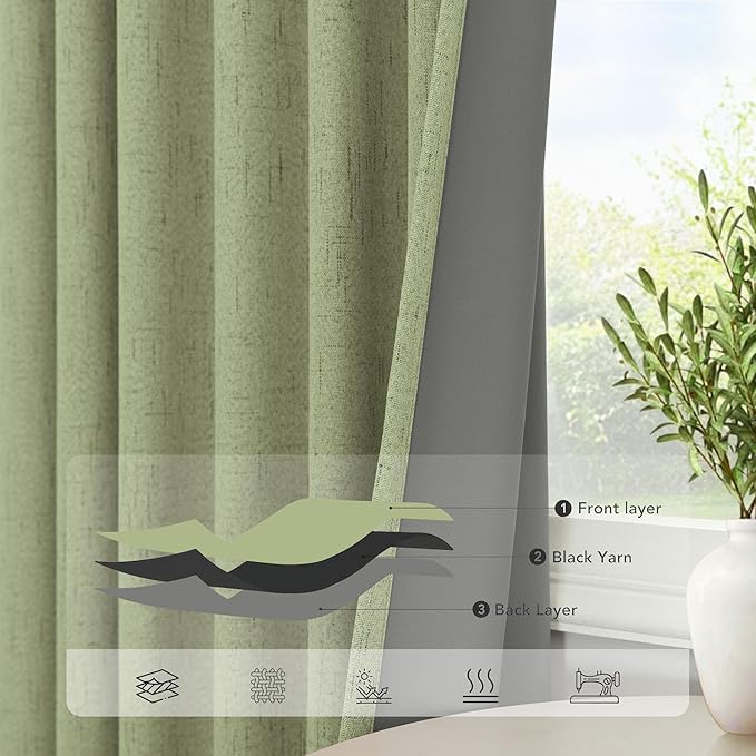 Light Sage Green Short Blackout Curtains for Small Bathroom Window Kitchen Door Back Tab Pocket 45 Inch Length 2 Panel Linen Look Noise Reducing Dampening Vintage Moody Curtain for Room Divider Closet