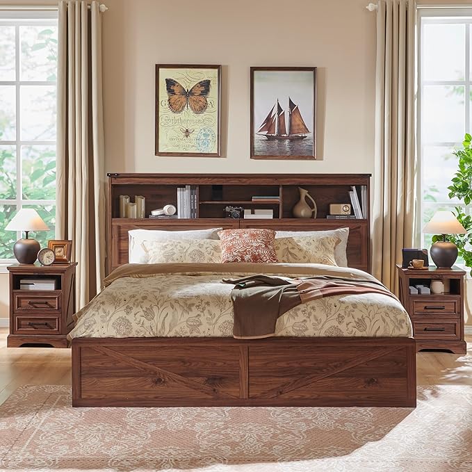 ACCOHOHO Farmhouse King Size Bed Frame with 52" High Storage Bookcase Headboard and 4 Drawers,Wooden Bed Frame with LED Light and Charging Station,Brown