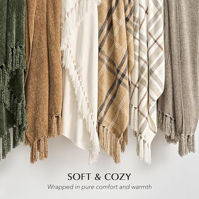 EVERGRACE Soft Chenille Throw Blanket for Couch, Cozy Plush Fuzzy Decorative Chenille Knit Throw Blanket with Tassels, Lightweight Blanket and Throws for Bed Sofa Gift Home Decor, Taupe 50"x60"
