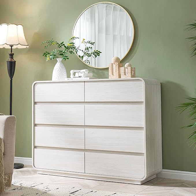 47’’ Wide Dresser with 8 Drawers, White Chest of Drawers with Deep Drawers & Handleless, Wooden Storage Organizer for Bedroom, Living Room, Hallway