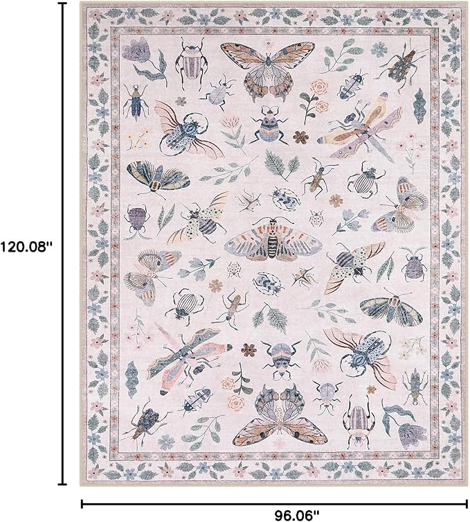 Lahome Insect Print Washable Rugs 8x10, Soft 8x10 Rugs for Living Room Dining Room Ultra-Thin, Non-Slip Modern Bedroom Rug Large Carpet Non-Shedding Accent Rug for Office Classroom(8x10ft,Pink)