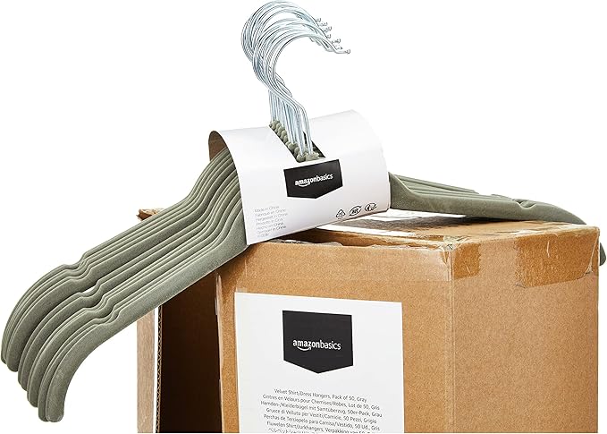 Amazon Basics Slim, Velvet, Non-Slip Shirt Clothes Hangers, Gray/Silver - Pack of 50