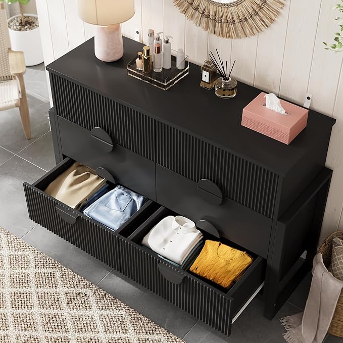 LGHM Fluted Dresser for Bedroom with 6 Drawers, Modern 6 Drawers Dressers with Semicylinder Fluted, Solid Chest of Drawers, 50" W Dresser with Bold Steel Frame, Metal Handles, Black