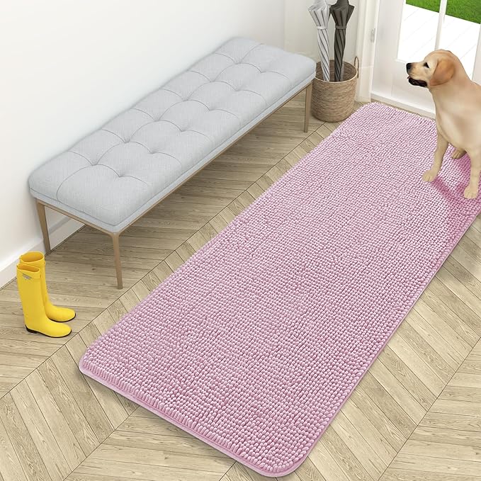 OLANLY Dog Door Mat for Muddy Paws 59x24, Absorbs Moisture and Dirt, Absorbent Non-Slip Washable Doormat, Quick Dry Chenille Mud Mat for Dogs, Entry Indoor Entryway Carpet for Inside Floor, Dusty Rose