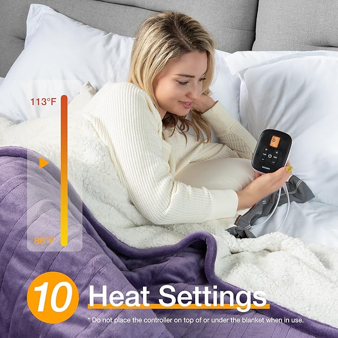WOOMER Heated Blanket Queen Size,Durable Flannel and Soft Sherpa,Dual Control,84” × 90” Electric Blanket, 10 Heat Levels&0.5-12h auto-Off, Overheat Protection,Energy Efficient
