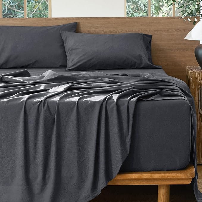 MooMee Bedding Sheet Set 100% Washed Cotton Linen Like Textured Breathable Durable Soft Comfy (Solid Deep Grey, Queen)
