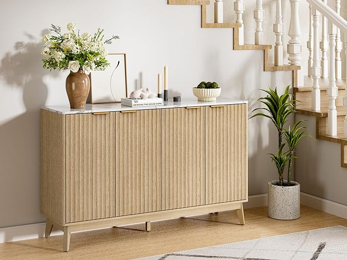 Sideboard Cabinet, 55'' Buffet Cabinet with Faux Marble Top & Adjustable Shelf, Modern Fluted Storage Cabinet, Accent Credenza Sideboard for Kitchen, Living Room, Entryway