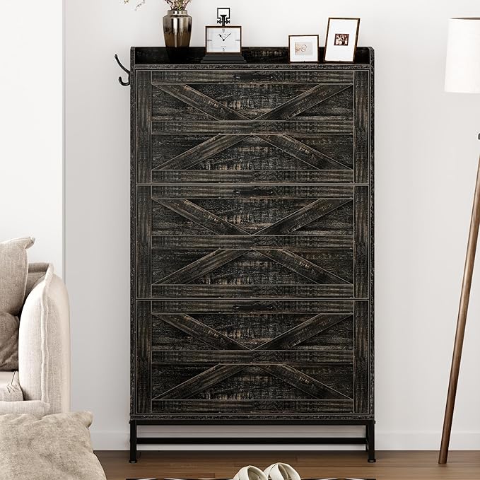 Vibe & Dine Farmhouse Shoe Storage Cabinet - Freestanding Narrow Shoe Rack with Metal Legs, Dark Rustic Oak