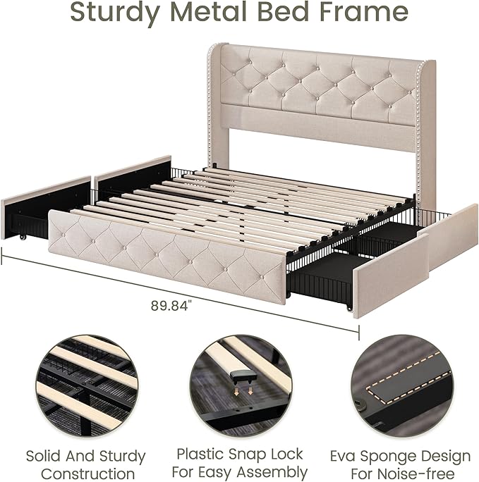LARMACE Full Size Bed Frame with 4 Storage Drawers and Wingback Headboard Linen Upholstered Platform Bed Frame Tufted Beds with Wooden Slats Support, Easy Assembly, Beige