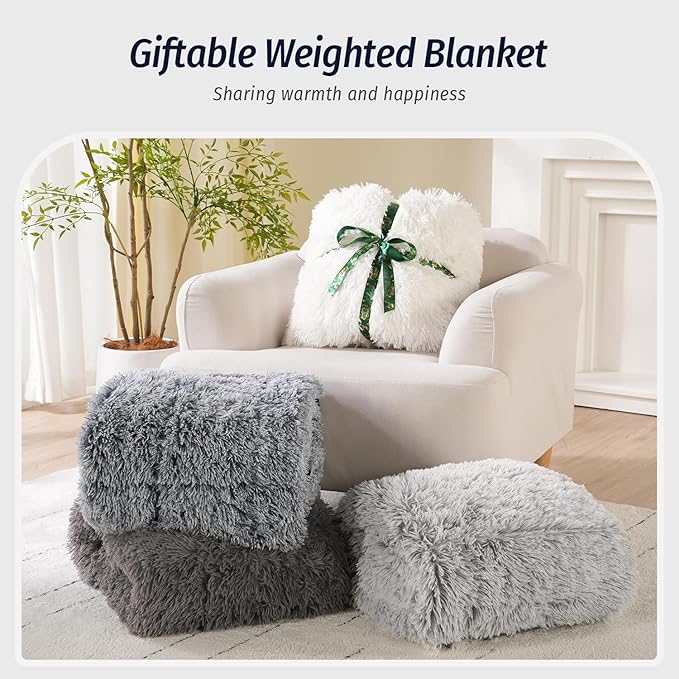 Wemore Shaggy Long Fur Faux Fur Weighted Blanket, Cozy and Plush Sherpa Long Hair Blanket for Adult 20lbs, Fluffy Fuzzy Sherpa Reverse Heavy Blanket for Bed, Couch, Backprint Grey, 60 x 80 Inches