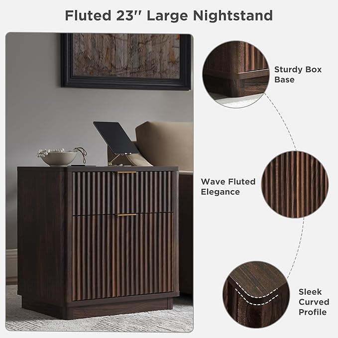 T4TREAM 23'' Fluted Nightstand Set of 2 with Charging Station, Large 2 Drawer Bedside Table, Modern End Table with Storage, Mid Century Night Stand for Bedroom Living Room, Curved Profile, Dark Walnut