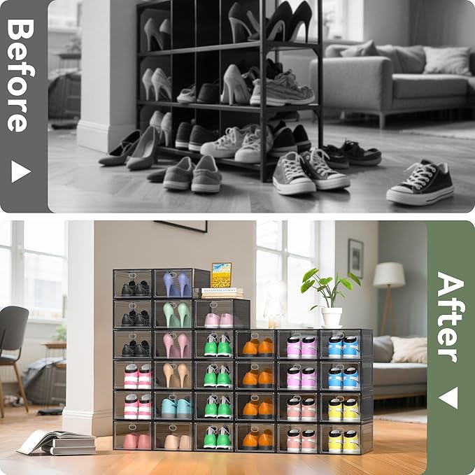 Thicken Hard Clear Shoe Storage Organizer for Closet, 12 Pack Modular Plastic Stackable Shoe Storage Box Organizer, Shoe Sneaker Rack Display Case Containers Bins with Lids, Grey