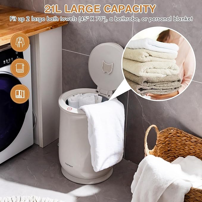 COSTWAY Towel Warmer for Bathroom, 21L Large Towel Heater with Flip-top Lid, Child Safety Lock, 1H Auto Shut Off, Blanket Warmer for Towels, 45” x 70” Bathrobes, Bathroom, Gift for Family