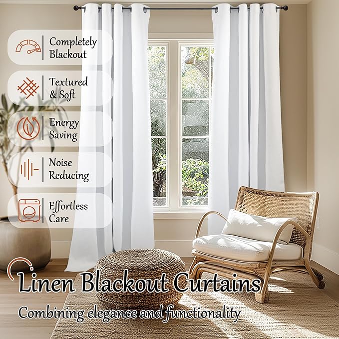 White Blackout Curtains for Living Room 90 Inch Length 2 Panels Set, Thermal Insulated Black Out Privacy Soundproof Grommet Farmhouse Linen Window Curtains for Bedroom Darkening, Each 52”Wide