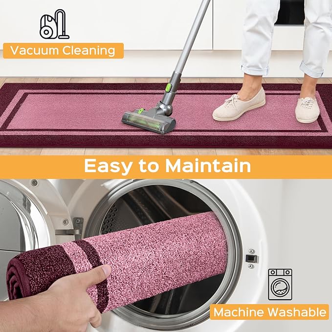 Kitchen Rugs 24" x 36", Non-Slip Machine Washable Kitchen Runner Rugs Floor Mats, Absorbent Comfort Standing Mats for Kitchen, Sink, Laundry and Hallway, Pink & Burgundy Red