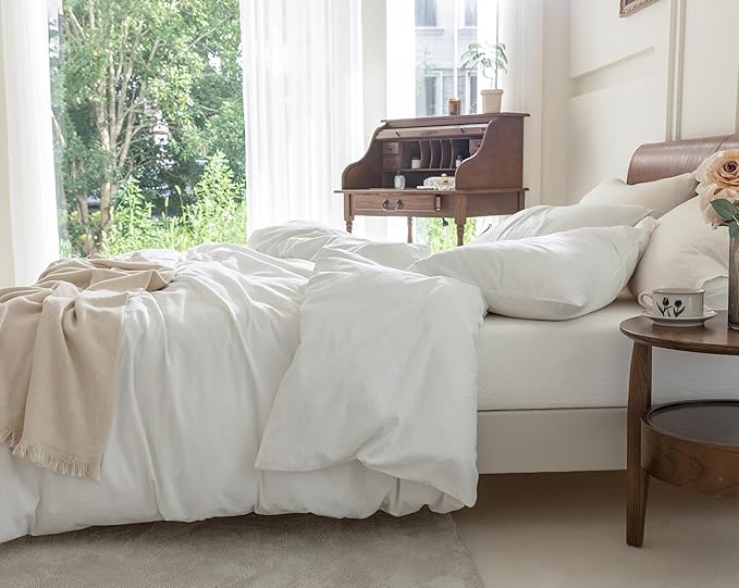 FOSSA Duvet Cover Set 100% Washed Cotton Linen Feel Super Soft Breathable Cozy 3 Pieces Bedding Sets Solid Off White California King