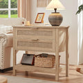 LEYAOYAO 31.5" Wide Rattan Night Stand, Oversized Large Boho Nightstand with 2 Drawer, Natural Wood Bed Side End Tables with Storage Shelf, Tall Bedside Table for Bedroom Living Room, Hallway