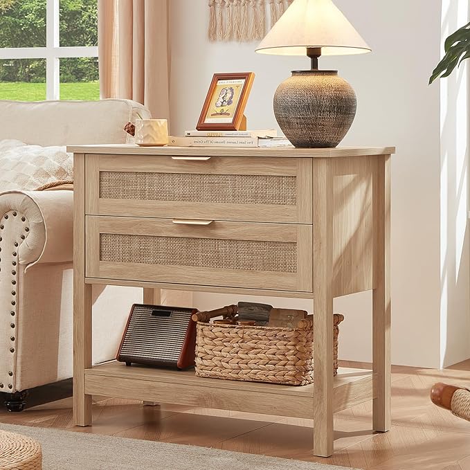 LEYAOYAO 31.5" Wide Rattan Night Stand, Oversized Large Boho Nightstand with 2 Drawer, Natural Wood Bed Side End Tables with Storage Shelf, Tall Bedside Table for Bedroom Living Room, Hallway