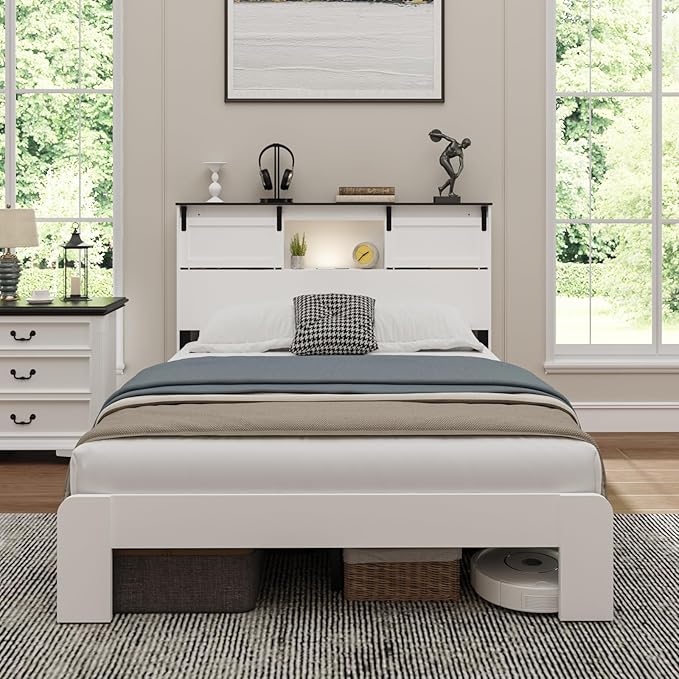 Queen Wood Bed Frame, Sliding Barn Door Storage Headboard with LED Lights and Charging Station, Farmhouse Wood Platform Bed with Metal Slat Supports, No Box Spring Required, Noiseless, White