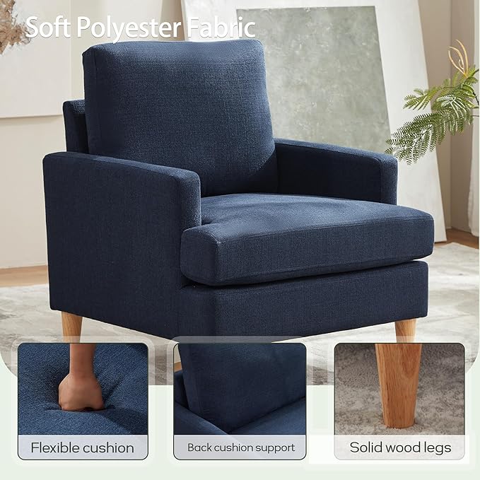 VKNOW Mid-Century Accent Chair, No Tools Assembly Required, Modern Upholstered Polyester Armchair for Living Room,Comfy Reading Accent Chairs with Wood Legs for Bedroom, Navy Blue