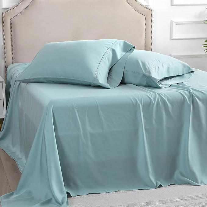 Linen World Lyocell Cooling Bed Sheets Set King Size,100% Organically Grown Viscose Sheets,Deep Pocket Up to 16",4 Pieces Silky Soft,Breathable Bedding Sheets & Pillowcases(Ice Blue,King)