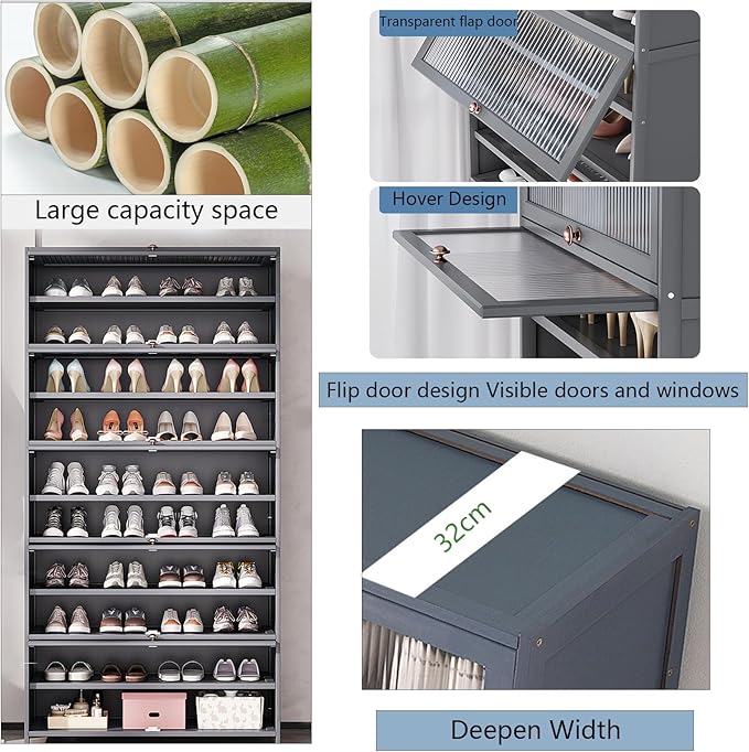 Bamboo Shoe Cabinet with Acrylic Door,10-Tier Shoe Storage Rack, 40-45 Pairs Freestanding Shoe Rack, Entrance Shoe Cabinet for Hallway Living Room