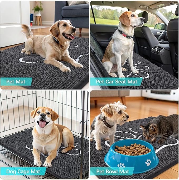 OLANLY Dog Door Mat for Muddy Paws 70x24, Paw Print Design, Absorbs Moisture and Dirt, Absorbent Non-Slip Washable Doormat, Quick Dry Chenille Mud Mat for Dogs, Entry Indoor Entryway Carpet, Dark Grey