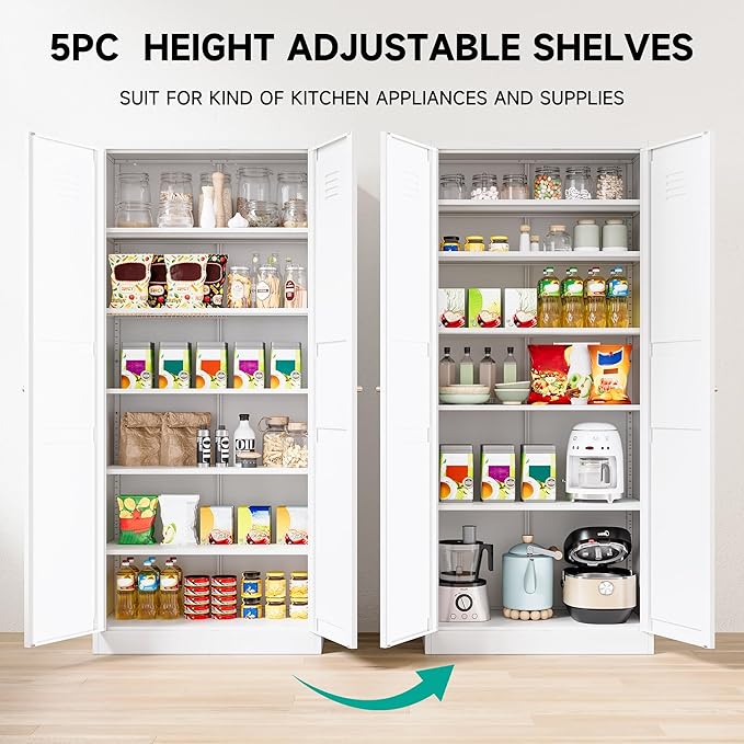 SISESOL 71" Tall Pantry Cabinet with 2 Doors and 6 Shelves,Kitchen Pantry Storage Cabinets,White Metal Storage Cabinet,Wide Deep Food Cupboard for Home,Kitchen,Dining/Living Room