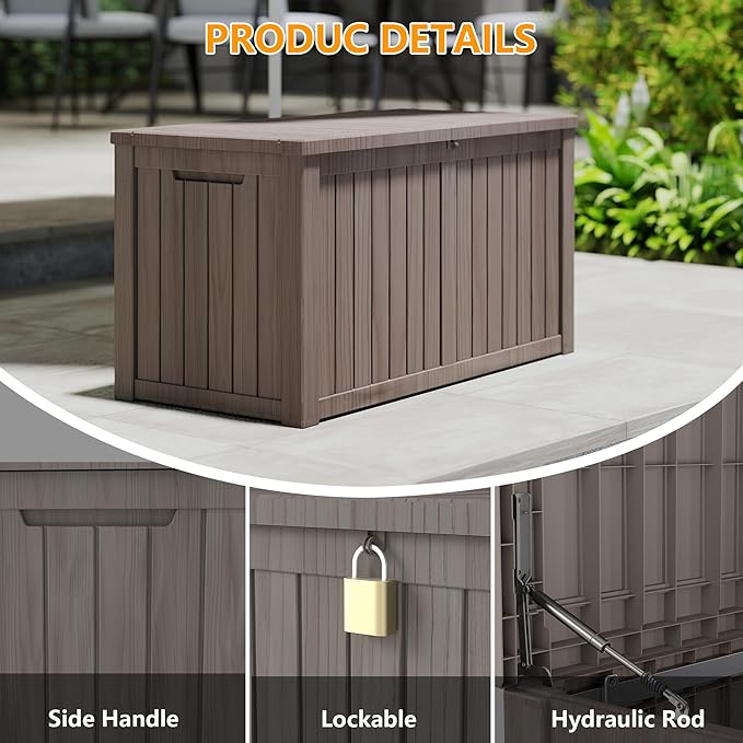 150 Gallon Outdoor Storage Box Waterproof, Resin Deck Boxes with Lockable Lid & UV-Resistant for Patio, Pool, Garden Furniture Cushions & Accessories, Coffee