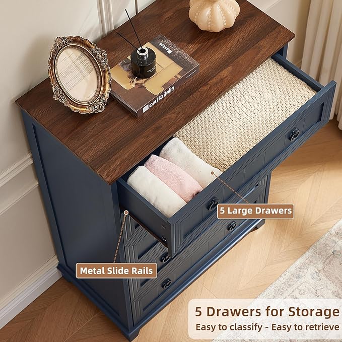 Farmhouse Chest of Drawers with Storage, 42" Tall Dresser for Bedroom, 5 Drawer Navy Blue Dresser with Metal Handle, Organizer Closet for Living Room, Hallway, Entryway