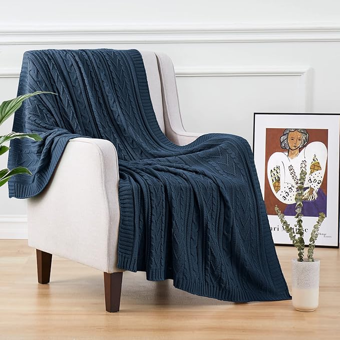 Aormenzy Navy Blue Cable Knit Throw Blanket Oversized 60" x 80" Super Soft Comfy Knitted Blanket for Couch Bed Sofa, Twin Size