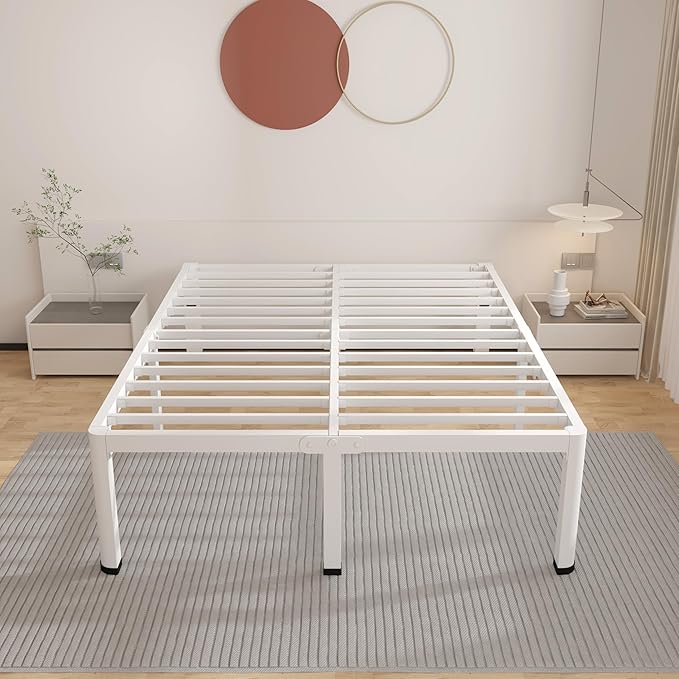 ROIL 14 Inch White Queen Bed Frame with Rounded Corner and Headboard Hole Mattress Retainers 3500LBS Heavy Duty Steel Slats No Box Spring Needed Platform Noise-Free Easy Assembly
