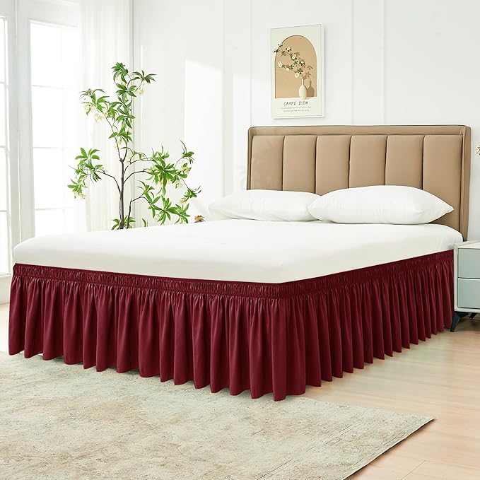 Biscaynebay Wrap Around Bed Skirts for Queen Size Beds 18" Drop, Burgundy Adjustable Elastic Dust Ruffles Easy Fit Wrinkle Resistant Silky Luxurious Fabric Machine Washable