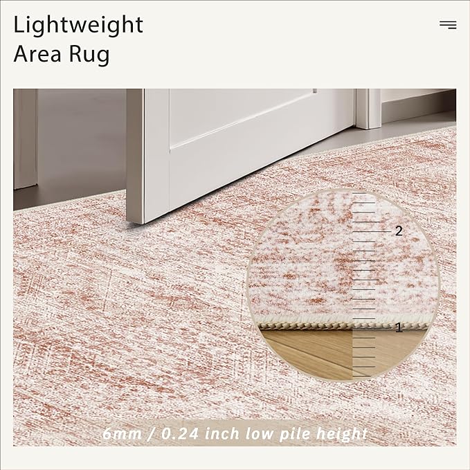 Washable Area Rug 8x10, Large Soft Rugs for Living Room Vintage Area Rugs for Bedroom Dining Room Non-Slip Stain Resistant Pink Under Table Rug