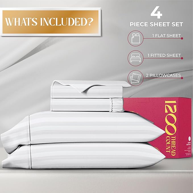 Mayfair Linen 100% Egyptian Cotton Sheets Queen Size - 1200 Thread Count 4 PC Damask Queen Sheet Set Egyptian Cotton, Sateen Luxury Sheet, High Thread Count Sheets, 17" Deep Pocket - White Stripe
