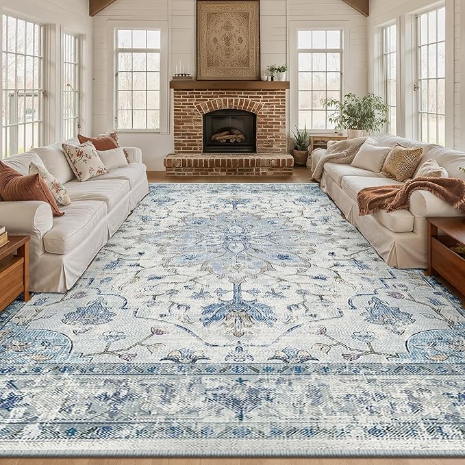 Area Rugs 10'x12' Washable Non-Slip, Floral Vintage Distress Print Pattern Medallion Carpet for Living Room Bedroom Dining Room, Light Blue Navy Beige Gray White
