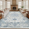 Area Rugs 10'x12' Washable Non-Slip, Floral Vintage Distress Print Pattern Medallion Carpet for Living Room Bedroom Dining Room, Light Blue Navy Beige Gray White
