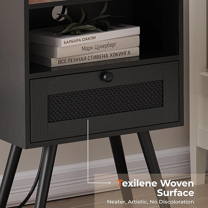 SUPERJARE Nightstands with Charging Station, Bedside Table Set of 2 with Texilene Surface Drawers, Rattan Side Table with Storage & Solid Wood Feet, End Table for Bedroom, All Black