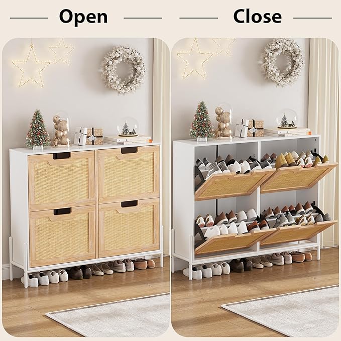 IDEALHOUSE Rattan Shoe Storage Cabinet with 4 Flip Drawers, Freestanding Shoe Organizer with Adjustable Shelves for Entryway, Narrow Shoe Rack Cabinet, Farmhouse Slim Shoe Cabinet, White