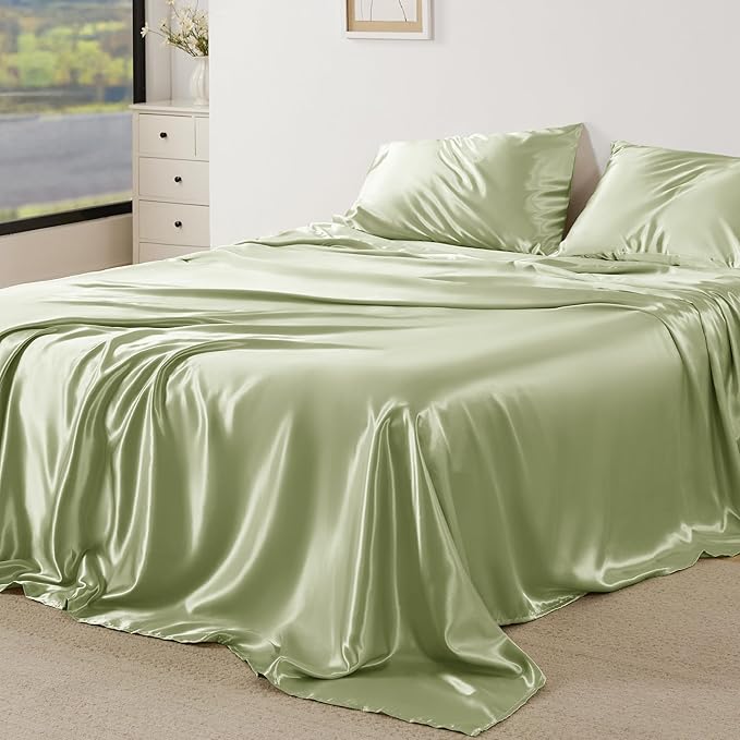 Bedsure Satin Sheets Queen Size - 4 Piece Silky Bedsheets with 15 Inches Deep Pocket Fitted Bedsheet,1 Flat Sheet, 2 Satin Pillowcases, Good for Hair & Skin (Queen, Sage Green)