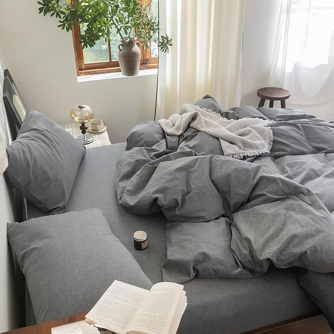 FOSSA Duvet Cover Set 100% Washed Cotton Linen Feel Super Soft Breathable Cozy 3 Pieces Bedding Sets Solid Dark Grey Full/Double