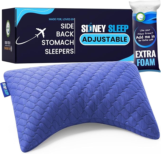 Sidney Sleep Mini Travel Size Neck Pillow - Knee, Back Lumbar and Support - Small Curved Pillow - Adjustable Fill - Washable Case - Drawstring Backpack Included - 14 x 19 Inches (Mini - Blue)