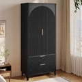 70.1" Arched Wooden Armoire Wardrobe Closet with 2 Doors and 2 Drawers, Fluted Bedroom Armoire with Hanging Rod Shelf, Clothing Storage Cabinet, Wardrobe Armoire Closet Cabinet for Bedroom