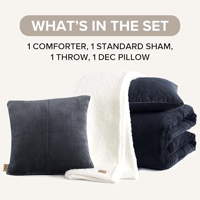 UGG Twin Comforter Set 4 Piece Bed in a Bag with Throw Blanket, Decorative Pillow Sham and Reversible Comforter Hypoallergenic Washable College Dorm Bedding, Twin XL, Blue (Remina)