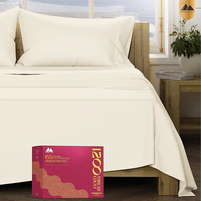 Mayfair Linen 100% Egyptian Cotton Sheets California King Size - 1200 Thread Count Cal King Size Sheets Set Egyptian Cotton, 4 PC Luxury Bedsheet (Ivory), Soft, Cooling, 17" Deep Pocket Set