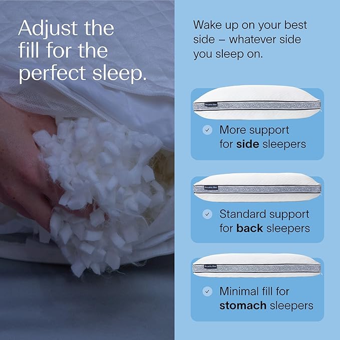 DreamyBlue Gusseted Sapphire Pillow • Adjustable Loft, Luxury Cover, Shredded Memory Foam Fill w/Cooling Beads • Ideal for Wide Shoulders • Neutral Alignment for All • CertiPUR-US Certified (Queen)