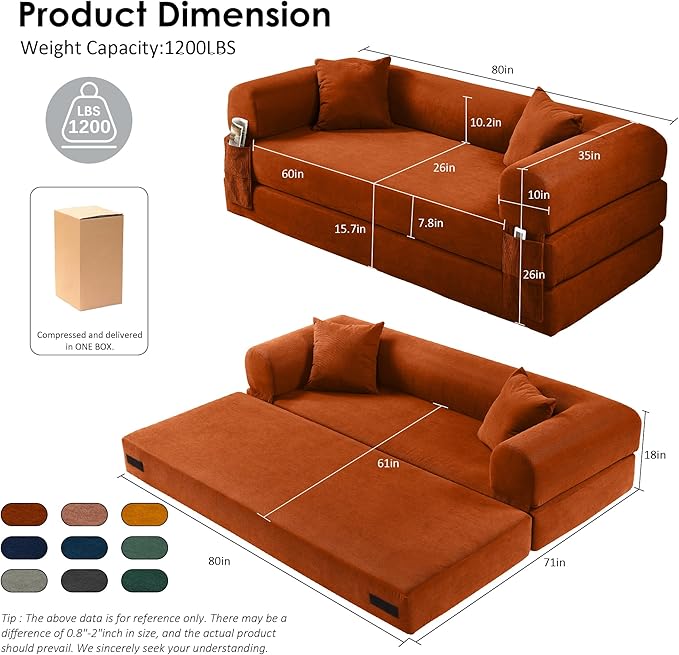 80" Convertible Sofa Bed, Corduroy Deep Seat Folding Pull Out Couch with Pillows, No Assembly Modern Boneless Couch Compression Sofa in Box, Floor Sofa with Storage Pocket for Living Room, Orange