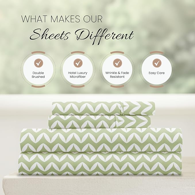Linen Market Double-Brushed Patterned Microfiber California King Sheet Set 4 Piece – OEKO-TEX Certified Ultra Soft & Wrinkle-Free - 16" Deep Pocket Sheets Easy Care Cal-King Size - Puffed Chevron Sage