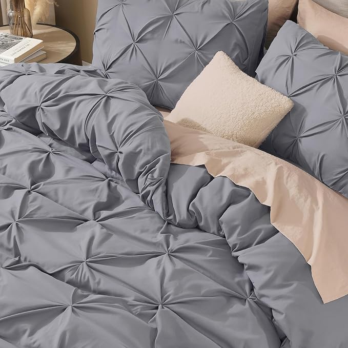 Litanika Dark Grey California King Pinch Pleat Duvet Cover, 3 Pieces Pintuck Cover Soft Microfiber Bedding Set with Zipper Closure & Corner Ties(1 Duvet Cover, 2 Pillowcases)
